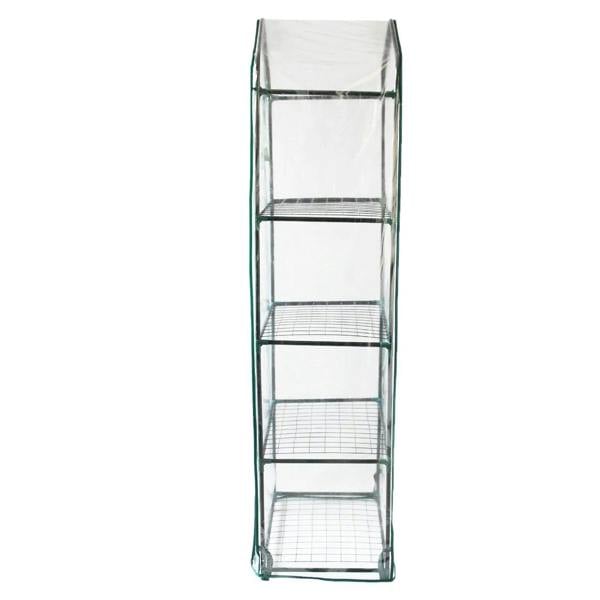 Mini greenhouse with four wire shelves, covered in a clear plastic cover, designed for indoor or outdoor plant cultivation