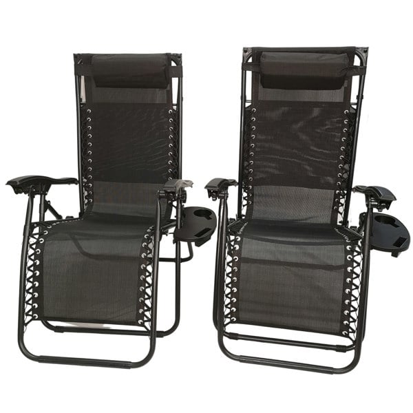 Samuel Alexander Set of 2 Multi Position Garden Gravity Relaxer Chair Sun Lounger with Sun Canopy in Black