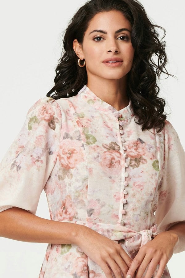 Cream | Floral 3/4 Puff Sleeve Knee Length Dress
