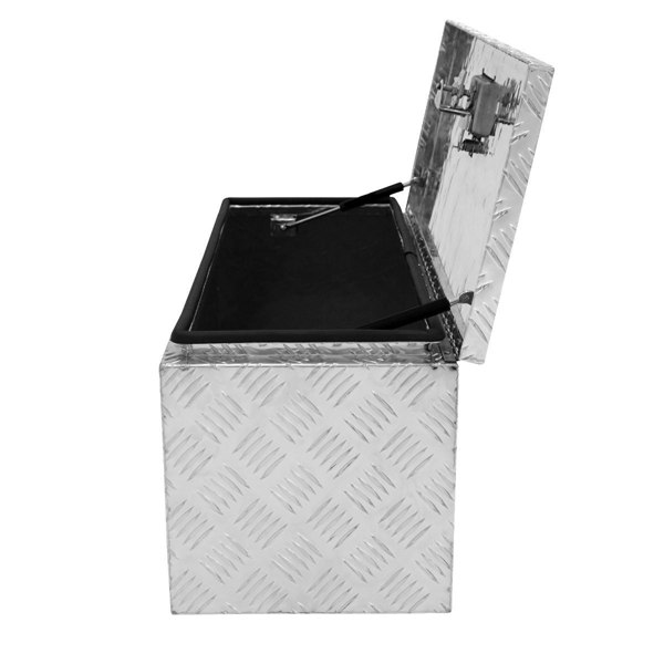 Large 70L aluminum tool box with a textured silver finish, featuring a hinged lid and sturdy handles for easy transport