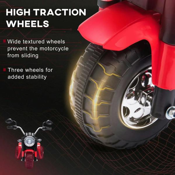 Red three-wheel kids electric motorbike with high-traction textured tires and chrome rims