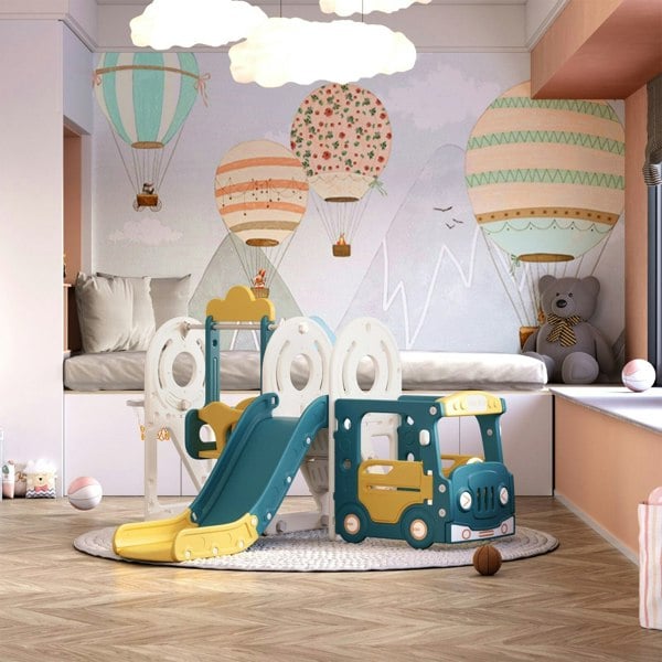 3-in-1 Kids Toddler Swing and Slide Set Climber Playset Swing & Slide Living and Home Yellow and Blue