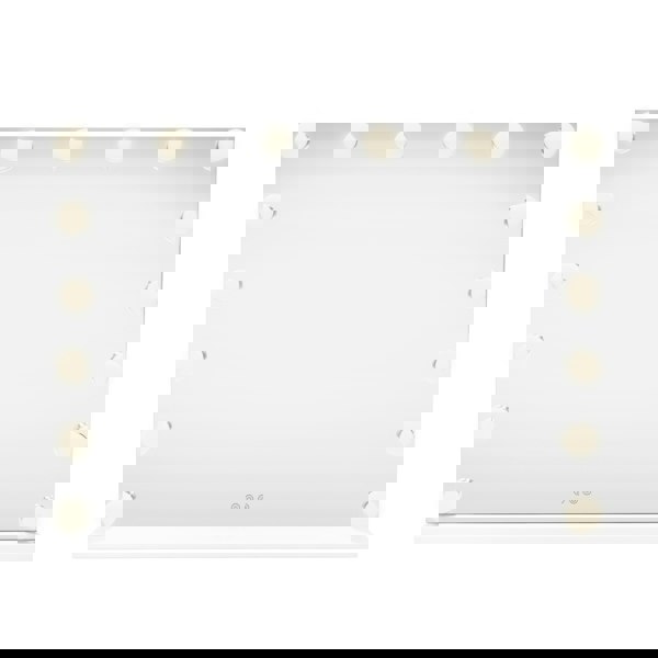 LED Bluetooth mirror measuring 80 x 60cm with a sleek, reflective surface and 12 warm white bulbs around the edges for enhanced lighting