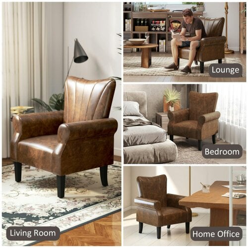 Wyld Haus Vafi Brown Faux Leather Mid Century Accent Armchair With Rolled Arms And Wooden Legs