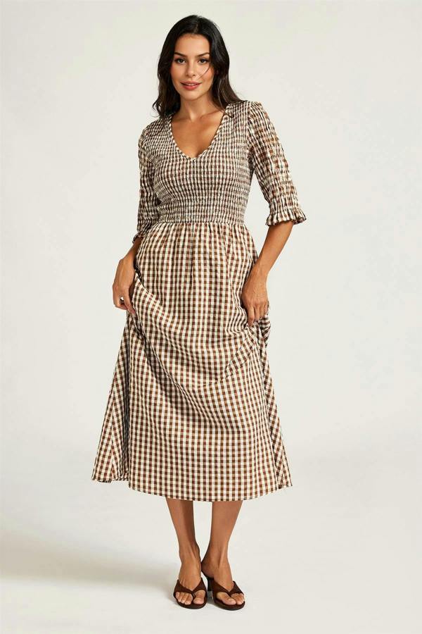 FS Collection Check Print V Neck Half Sleeve Midi Dress In Brown