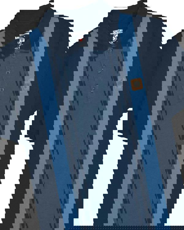 Lambretta Mens Vintage Classic Mod Ska Casual Smart Polo, navy blue polo shirt with light blue and dark blue stripes and a button-up collar.