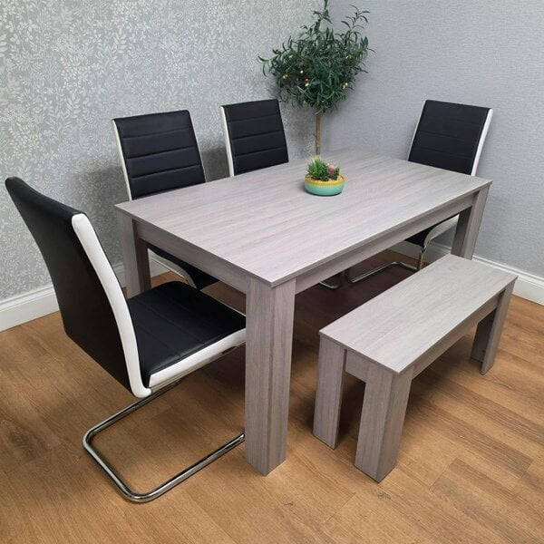 Kosy Koala Dining Table Set with 4 Black Faux Leather Chairs & Bench, Light Grey Arrow Pattern, 140cm