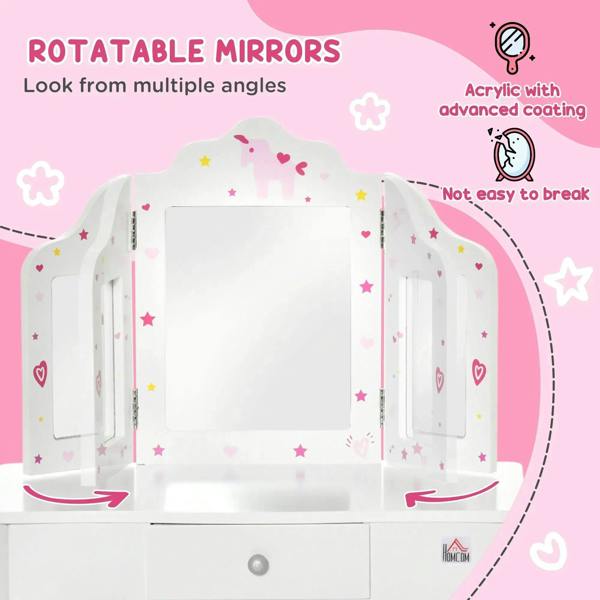 White tri-fold acrylic mirror mounted on kids vanity table, hinged for multiple angles
