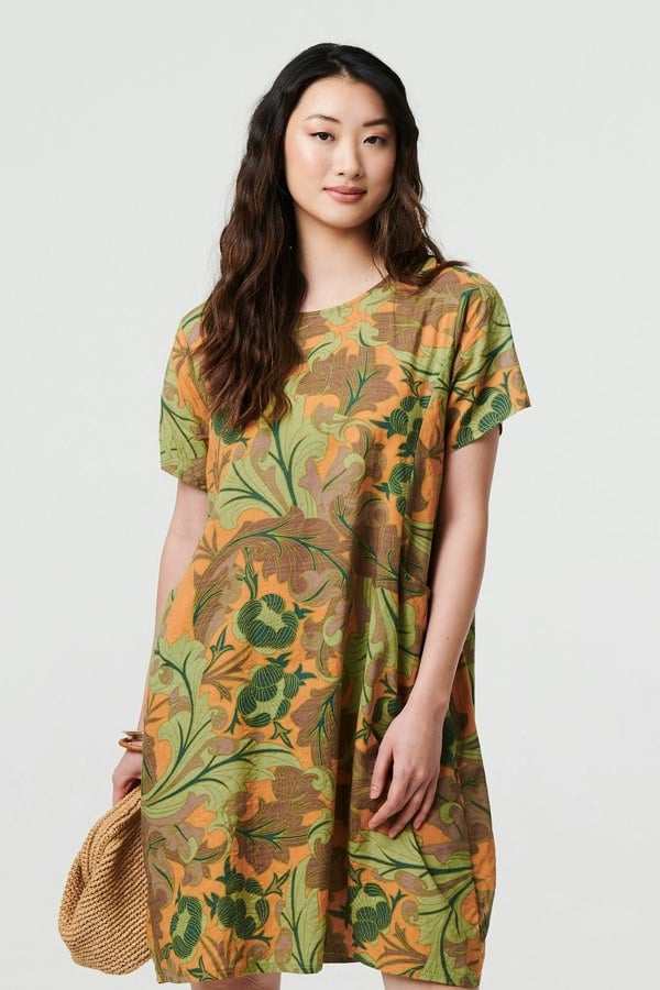 Green | Leaf Print Short Sleeve Shift Short Dress

