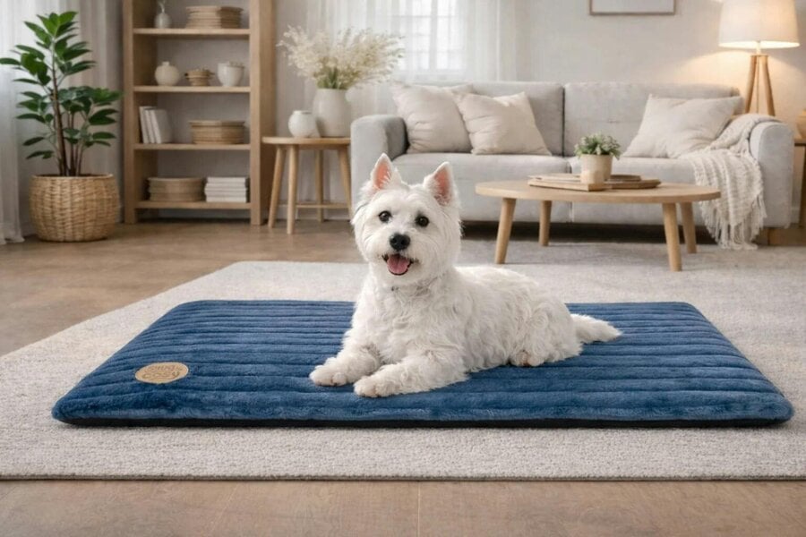 Snug and Cosy Pets Alaska Memory Foam Faux Fur Dog Pet Mat - Orthopaedic Support & British Design - 100x75cm - Ocean Blue