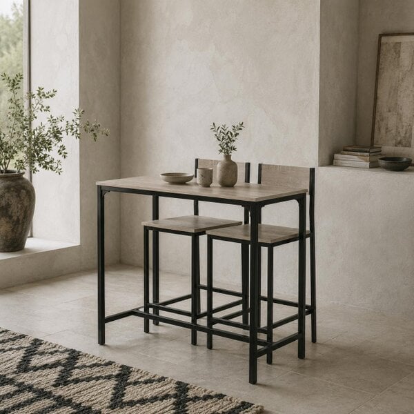Wyld Haus Noro Metal And Wooden Industrial 3 Piece Breakfast Bar Set With Stools