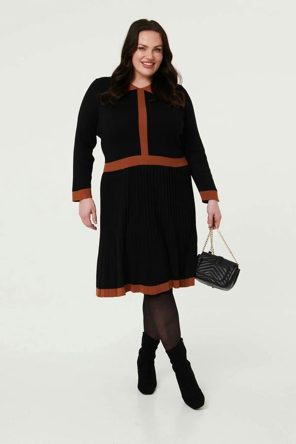 Black | Curve Border Print Pleated Knit Knee Length Dress