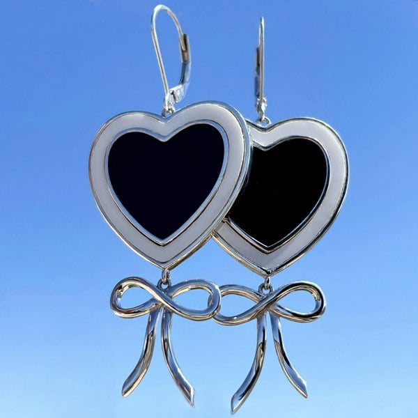 Silver heart and bow earrings by LENAE London featuring obsidian and mother-of-pearl.