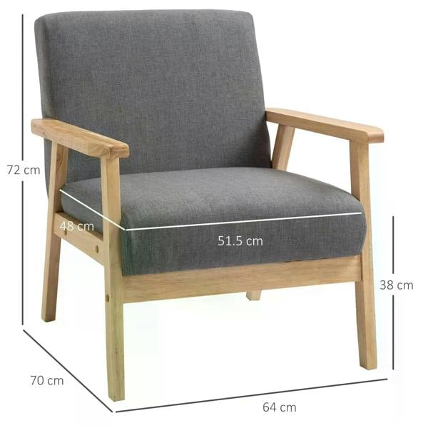 Grey upholstered accent chair with padded seat, light wood arms, and backrest