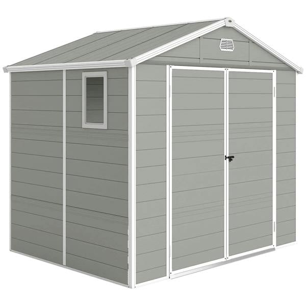 Light grey metal storage shed with gable roof, double doors, and small upper vent
