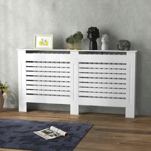 White radiator cover cabinet with horizontal slat grilles and wide flat top shelf.