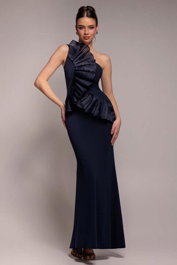 One Shoulder Pleated Fan Maxi Dress - Navy Blue DR4075