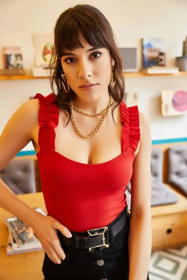 Hoxton Gal Ruffled Strap Stretch Ribbed Blouse