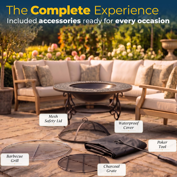 Homeology GINESSA Garden Heater Fire Pit Coffee Table Barbecue Ice Bucket - Mosaic Ceramic Finish