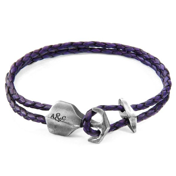 Anchor & Crew Grape Purple Delta Anchor Silver and Braided Leather Bracelet