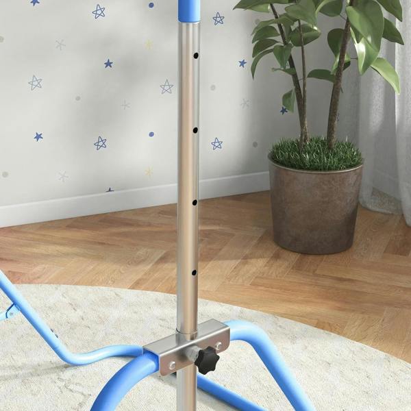 Blue kids gymnastic bar height-adjustment knob and round base plate, close-up