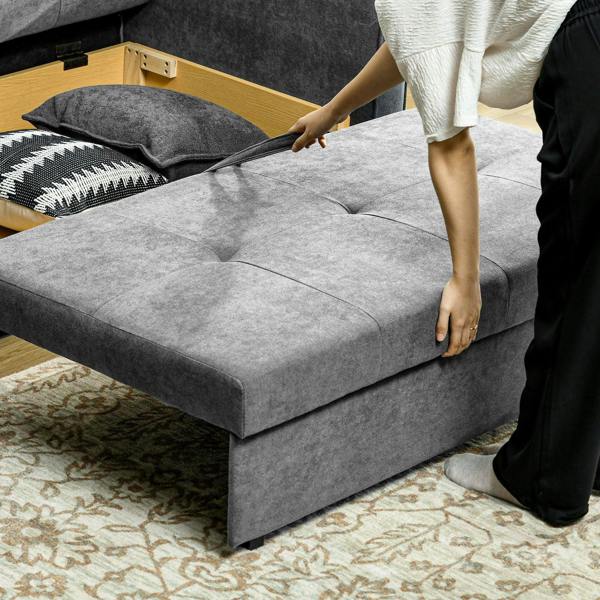 Light grey sofa bed converting to a flat bed, unfolding the mattress panel