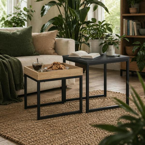 Wyld Haus Lavi Set Of 2 Boxy Nesting Tables Wooden Black And Wood Effect