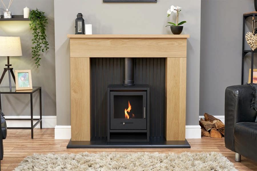 Adam Innsbruck Stove Fireplace in Oak with OKO S1 Bio Ethanol Stove in Charcoal Grey, 45 Inch