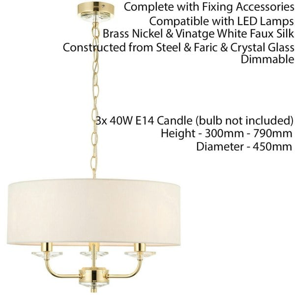 Multi Light Ceiling Pendant 3 Bulb BRASS & WHITE Chandelier Large Shade Lamp Loops