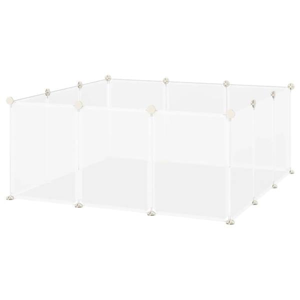 White plastic pet playpen enclosure with 12 connected fence panels, open layout