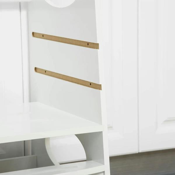 White step stool tower close-up of adjustable wooden support rails