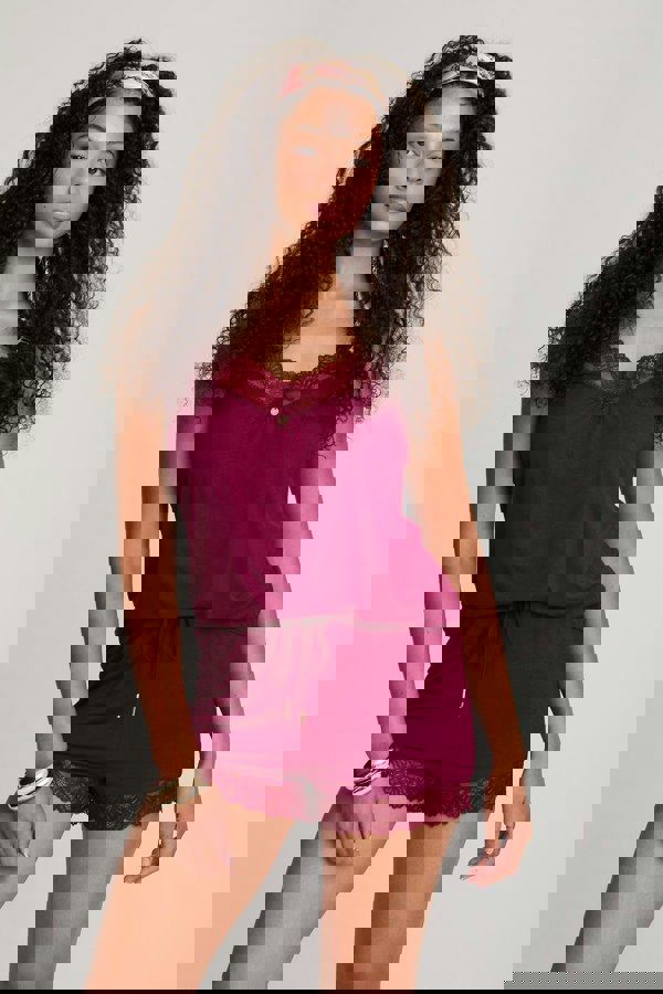 Pretty You London Women's Bamboo Lace Cami Short Pyjama Set in Bordeaux