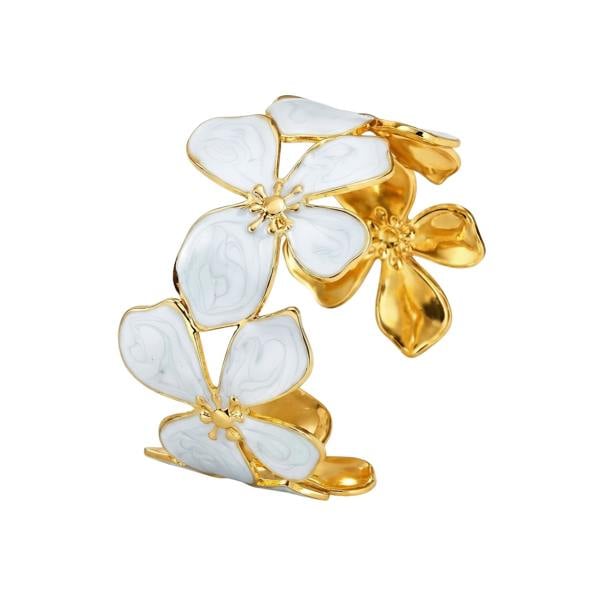 Serafina Lilia Bracelet - 18K Gold Plated Stainless Steel White Enamel Floral Cuff Bracelet