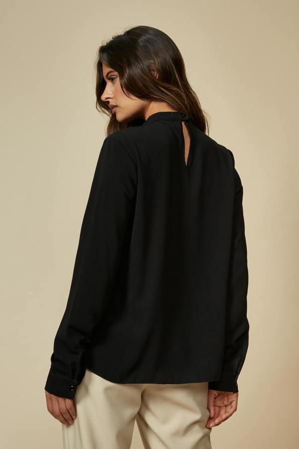 Hoxton Gal Oversized High Neck Top with Brooch Details in Black