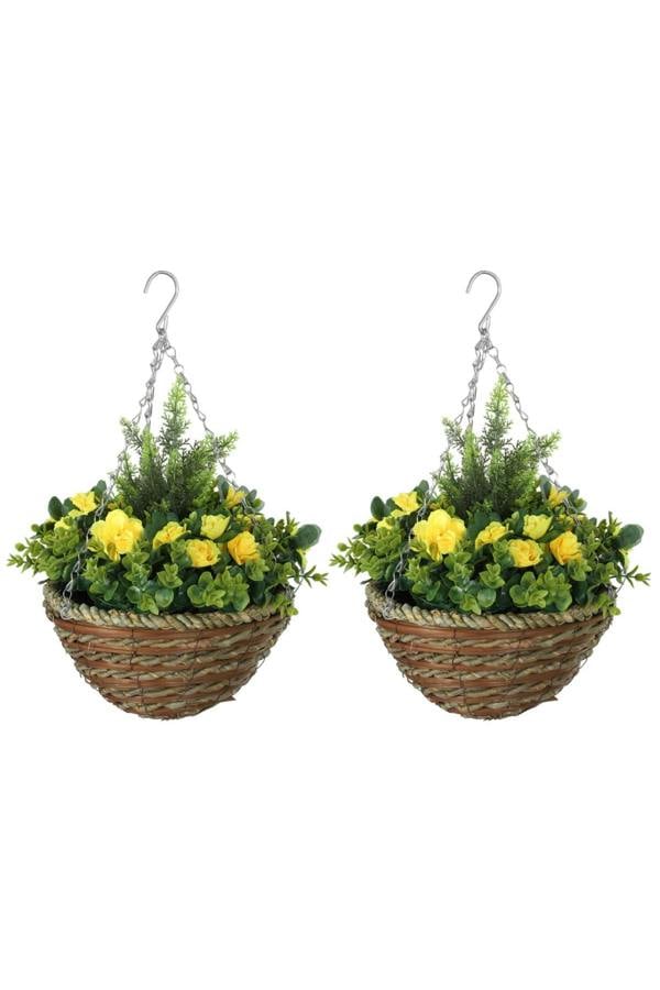 Dyzi Artificial Hanging Flower Basket Set Lisianthus Decor Yellow