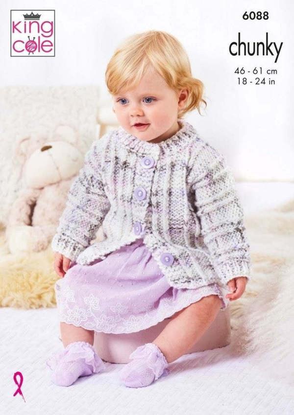 King Cole Bumble Chunky Knitting Pattern 6088, Tops, Cardigans for Baby, Kids, 18 - 24 Inches