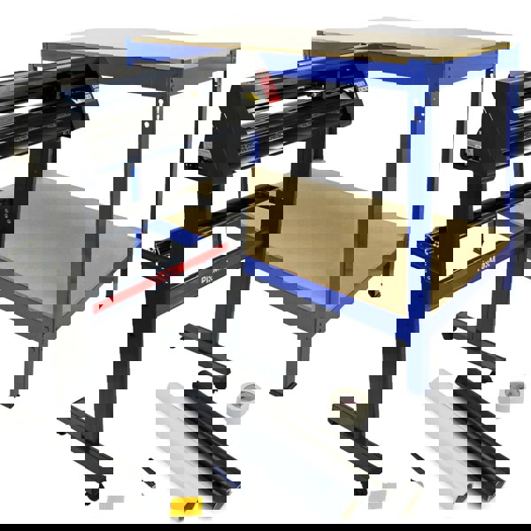 720mm vinyl cutter with a sturdy black frame, blue Q-rax workbench, and weeding kit including tools and vinyl rolls