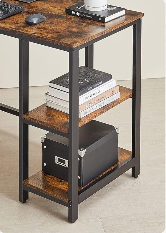 Modcraft Rustic Brown & Black L-Shaped Computer Desk with Storage Shelves – 138x138 cm