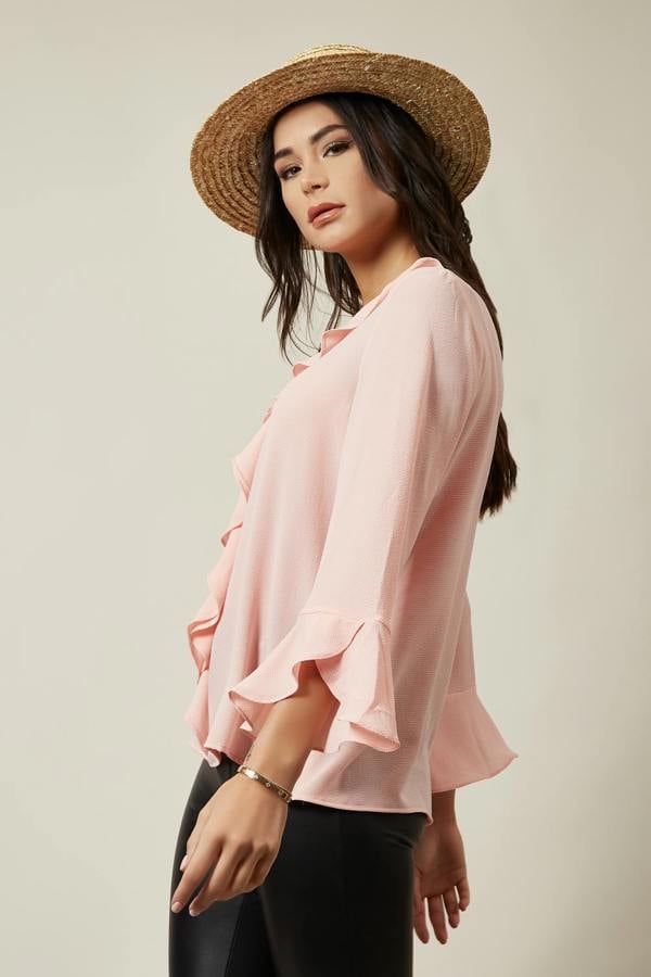 Hoxton Gal Oversized Crepe Top Ruffle Front Relaxed Fit Blouse in Pink