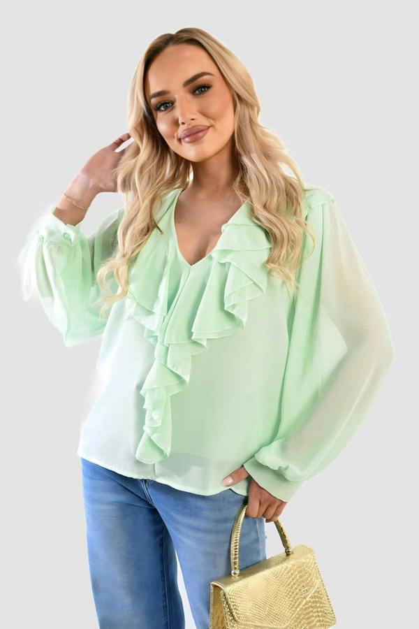 Leyla Ruffle Trim Front Long Sleeve Top - Mint