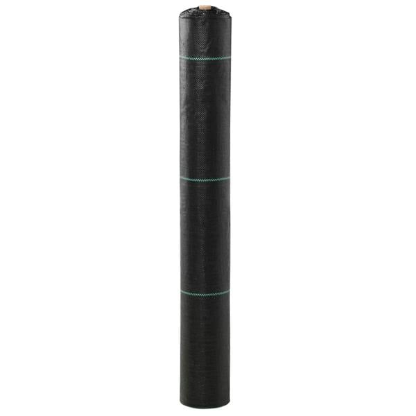 Rolled black weed control membrane, heavy-duty woven fabric with teal seam rings