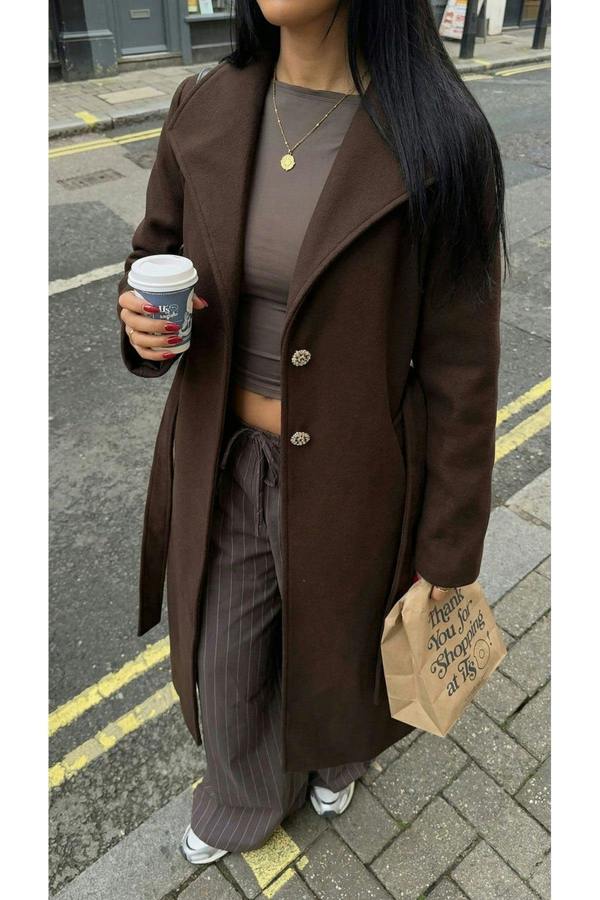 Marelle Belted Longline Coat With Button Detail - Brown