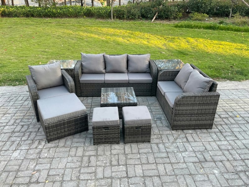 Fimous Rattan 9 Piece Patio Set - Square Coffee Table, Reclining Chair, Loveseat, 3-Seater Sofa, 3 Footstools & 2 Side Tables