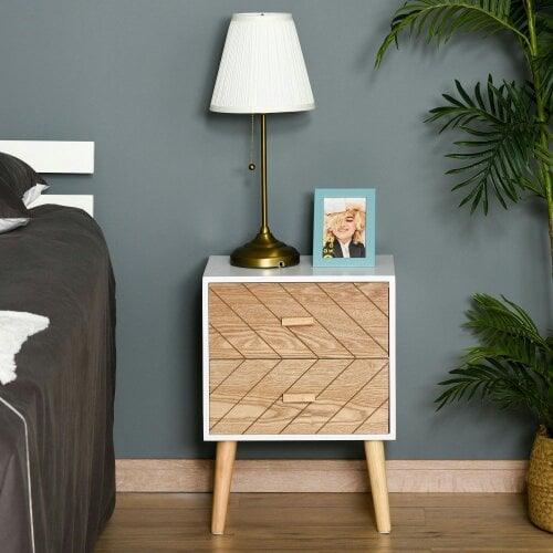 Wyld Haus Sutare Wood Natural Finish 2 Drawer Bedside Table with Chevron Design
