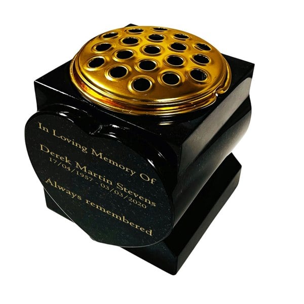 Memorials Direct Granite Heart-Shaped Vase- Premium Black with Gold Metal Flower Pot Insert – 6x6x6 Inches