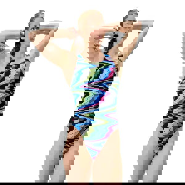 Speedo club training printed leaderback swimsuit in black multi wave pattern