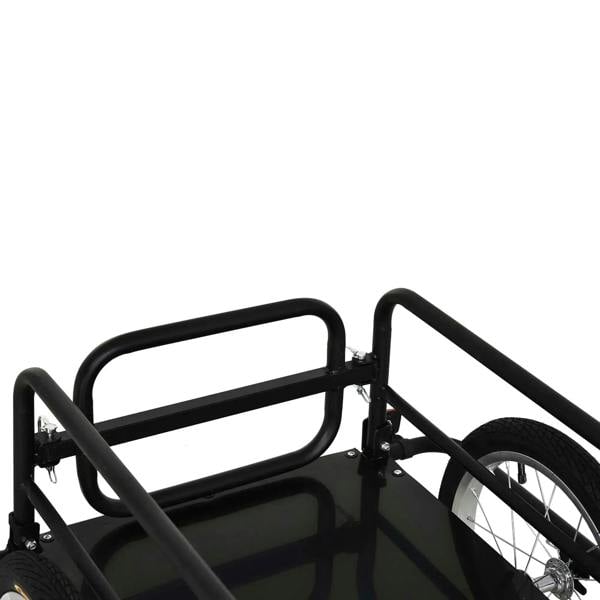 Black steel-framed bike cargo trailer with curved front guard rails and open deck