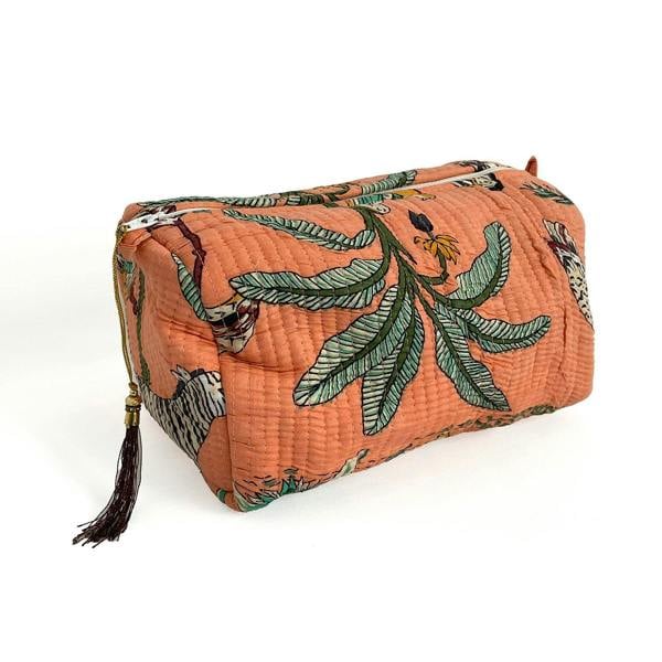 Hayley & Co Jungle Print Cotton Washbag, Make Up Bag, Pencil Case with Waterproof Lining - Jungle Animal Print in Peach