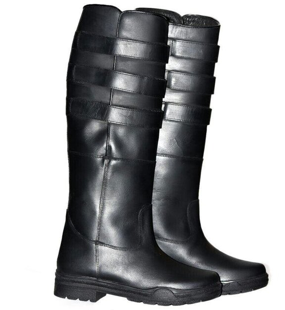 eQuitack Unisex Leather Long Yard & Stable Country Horse Riding Boots With Adjustable Straps Black