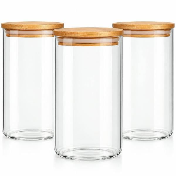 ATEK 3 Pack Clear Glass Food Storage Jars with Airtight Bamboo Lids